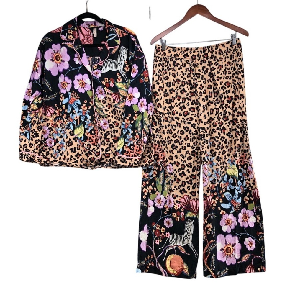 LyreBird Pajama Set Womens Medium Tan Black Floral Zebra Leopard Print Wide Leg